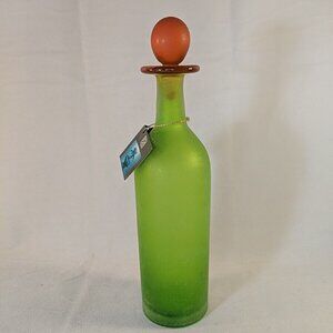 Franco Moretti RARE Art Glass Green Orange Bottle with cap lid with TAG SIGNED